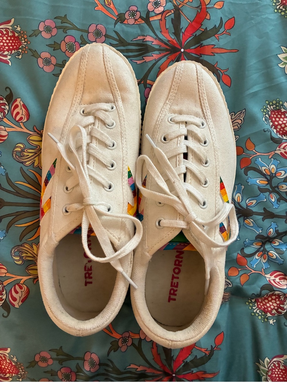 Tretorn White Canvas Sneakers with Rainbow Stripe Accent